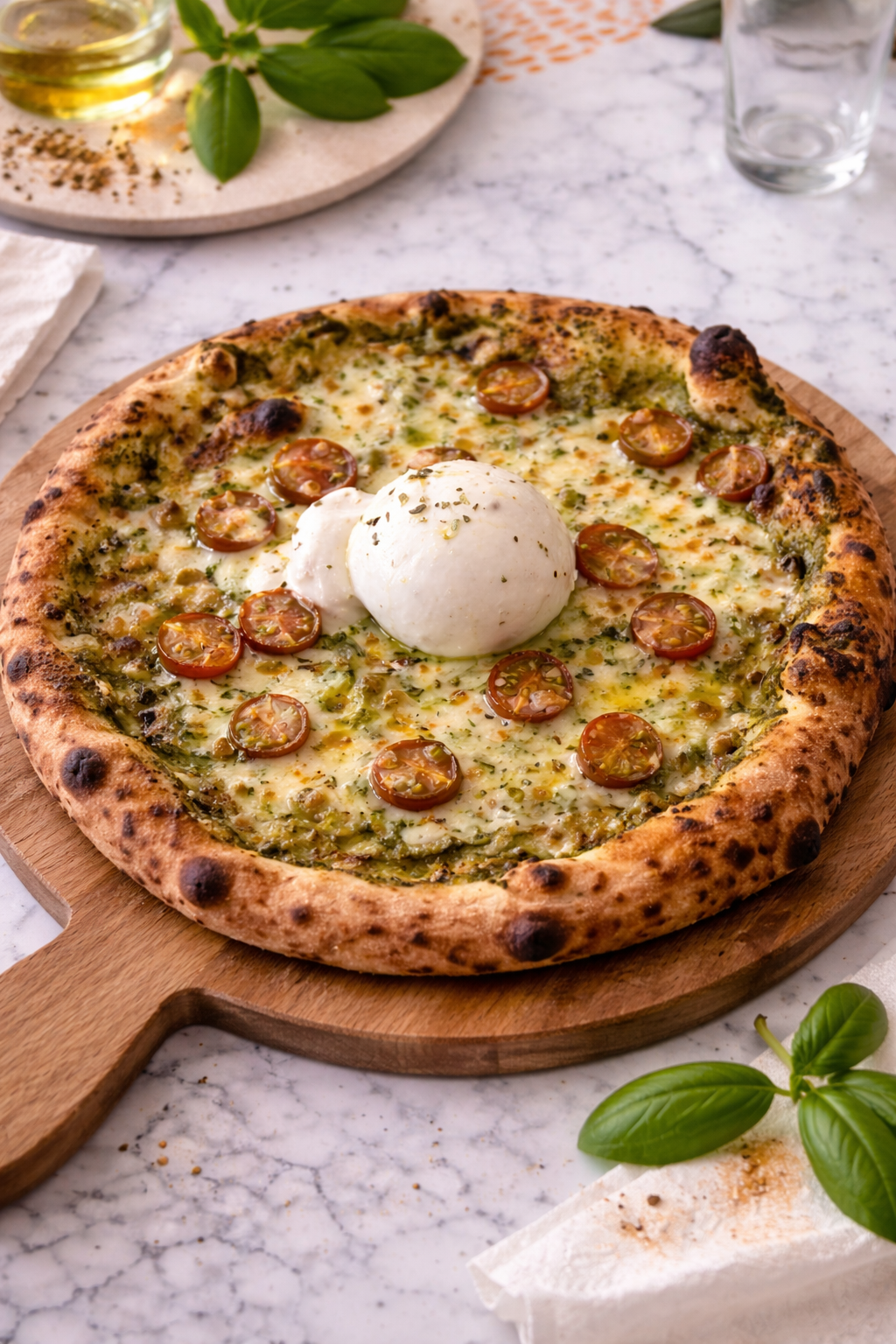 Pesto pizza with fresh burrata — pizzaiolo events Costa Blanca